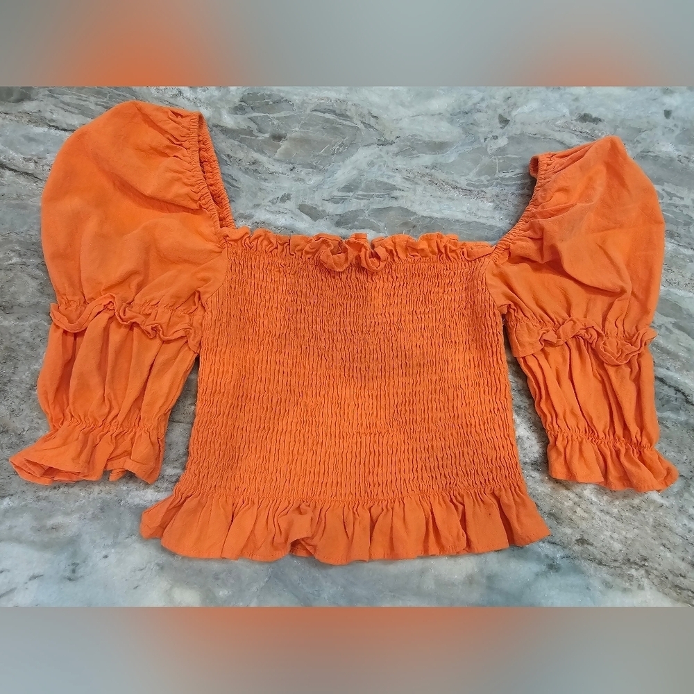 SHEIN Orange Smocked Puff Sleeve Crop Top Size M